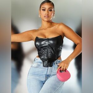 PrettyLittleThing Black Faux Leather Square Dip Hem Corset